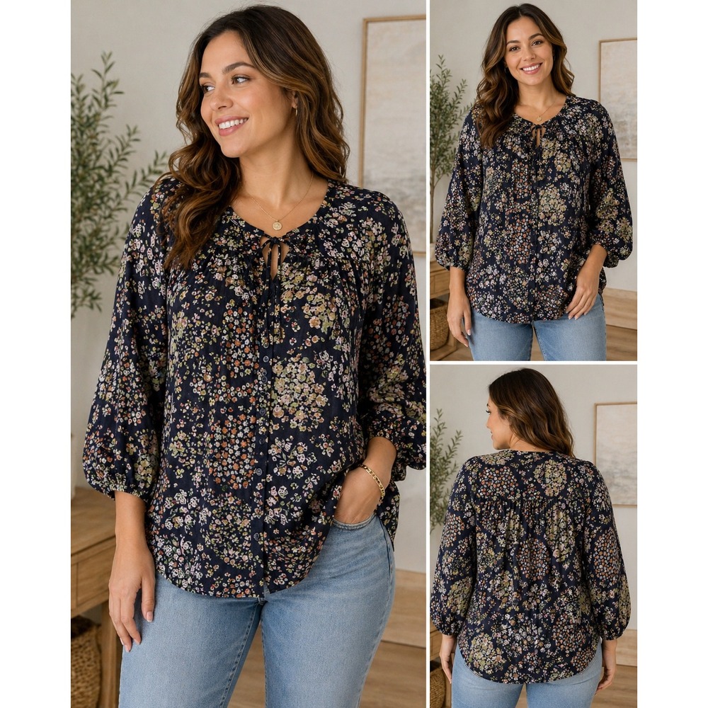 H&M Floral Puff Sleeve Blouse Womens Small Navy Blue Cottagecore Boho Top